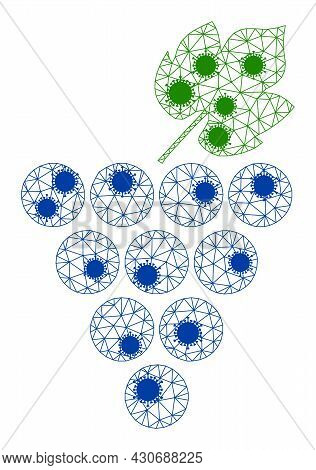 Mesh Grapes Bunch Polygonal Icon Vector Illustration, With Coronavirus Nodes. Carcass Model Is Based