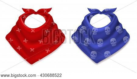 Realistic Bandana. 3d Scarves, Cowboy Style Red And Blue Neckerchiefs With Prints, Fashion Neck And 