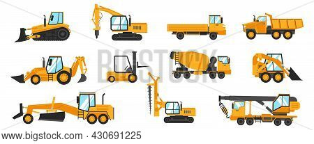 Industrial Vehicles. Cartoon Construction Trucks And Heavy Machinery. Bulldozer And Excavator. Build