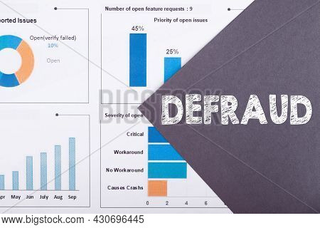 The Word Defraud Is Written On A Gray Background With Diagrams And Graphs.