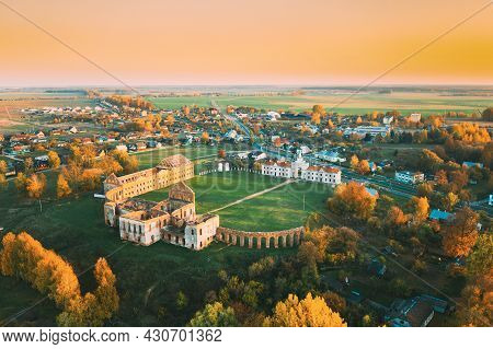 Ruzhany, Brest Region, Belarus. Cityscape Skyline In Autumn Sunny Evening. Birds-eye View Of Ruzhany