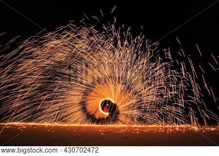 Koh Samet, Rayong, Thailand, 18 April 2019, Beautiful Fire Circle Spining Show Talent At Night Party