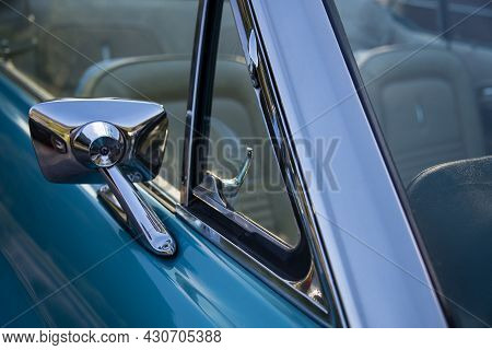 Vintage Car Back Mirror In Chrome And Blue Door