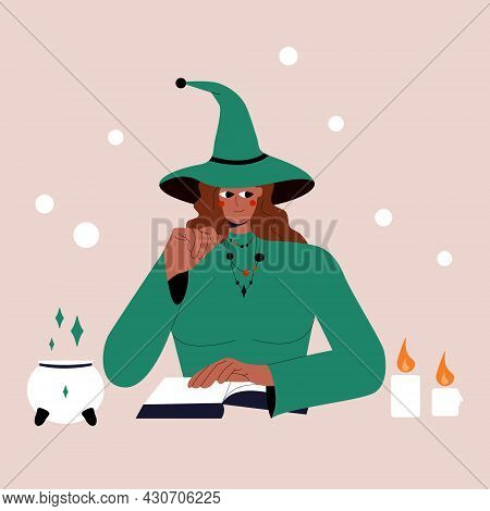 Halloween Witch Girl With Black Skin Color With A Magic Spell Book. Portrait Of Beautiful Young Woma
