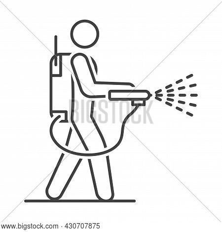 Mite Disinfectant Man Icon. Disinfector Icon. Linear Image Of A Person With A Disinfectant Against T