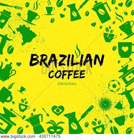 A Set Of Green Brazilian Icons And Symbols Against Yellow Background.