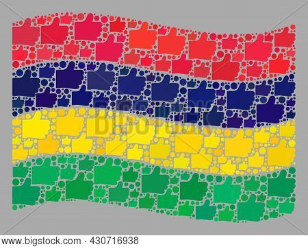 Mosaic Waving Mauritius Flag Designed With Thumb Up Items. Vector Selection Mosaic Waving Mauritius 