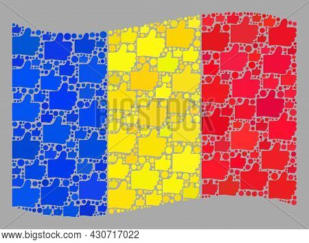 Mosaic Waving Romania Flag Designed Of Like Items. Vector Approval Collage Waving Romania Flag Const