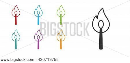 Black Burning Match With Fire Icon Isolated On White Background. Match With Fire. Matches Sign. Set 