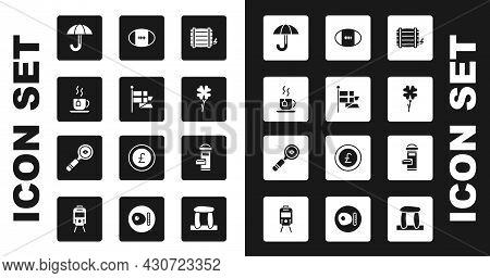 Set Wooden Barrel, England Flag On Flagpole, Cup Of Tea With Tea Bag, Umbrella, Four Leaf Clover, Ru