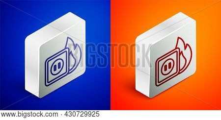 Isometric Line Electric Wiring Of Socket In Fire Icon Isolated On Blue And Orange Background. Electr