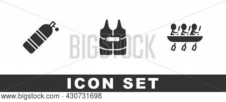 Set Aqualung, Life Jacket And Canoe Rowing Team Sports Icon. Vector