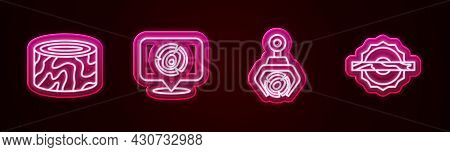 Set Line Tree Stump, Wooden Logs, Grapple Crane Grabbed A And Electric Circular Saw. Glowing Neon Ic