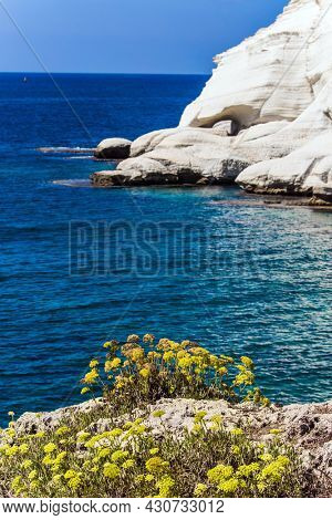 The border between Israel and Lebanon. Karst cave in the limestone mountain of Rosh a Nikra, geological formation in northern Israel. The concept of active, environmental and photo tourism