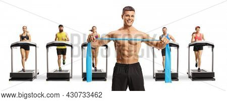 Shitless man exercising with a rubber band and people on treadmills isolated on white background