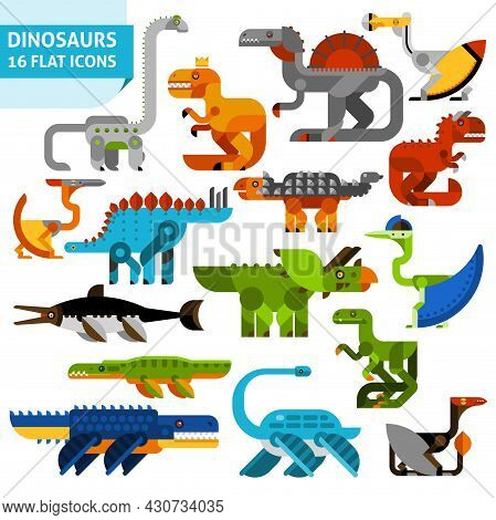 Cute Cartoon Flat Dinosaur Animals Icons Set Isolated Vector Illustration
