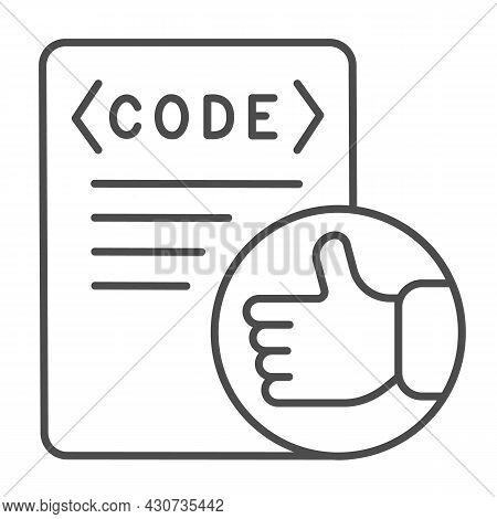 Thumbs Up On Code File, Coding Well Done Thin Line Icon, Programming Concept, Software Vector Sign O