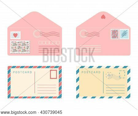 Postcard And Envelope Set. Isolated Flat Vector Retro Post Cards And Pink Envelopes With Post Stamps