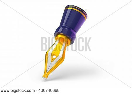 Sharp Golden Feather 3d Render Illustration. Detailed Picture Of Tool For Writing Flat Style. Front 