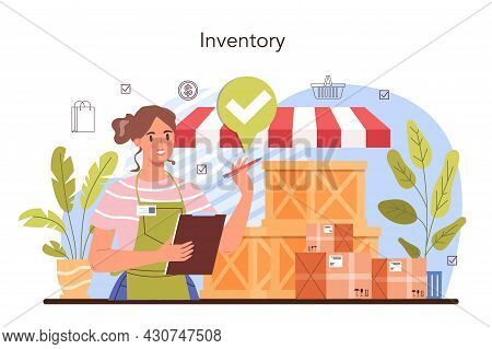 Commercial Activities. Entrepreneur Stocktaking Goods On Showcases