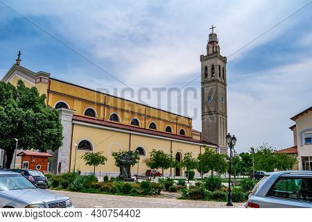 Shkoder, Albania - June 21, 2021: Pope John Paul Ii Square In Shkoder. Garden Around St Stephen's Ca