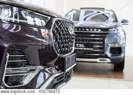Russia, Izhevsk - August 19, 2021: Chery Showroom. New Modern Cars In Dealer Showroom. Car Manufactu