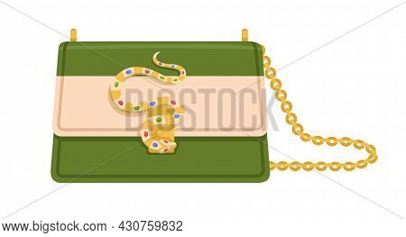 Modern Fashion Flap Bag With Snake Buckle, Jewels And Gold Chain. Women Stylish Clutch With Shoulder