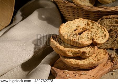 Tipical Summer Dish Of Puglia - Friselle. Classical Apulian Dried Bread Called Freselle. Healthy Veg