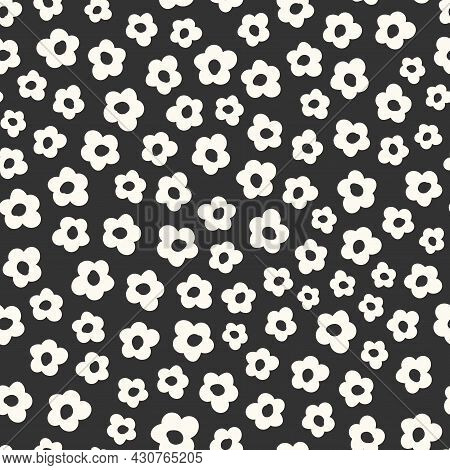 Cute Seamless Pattern With Primitive Naive Art Flowers In 70s Style