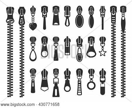 Set Of Black Zipper Silhouettes Vector Flat Illustration Close And Open Zip With Fastener