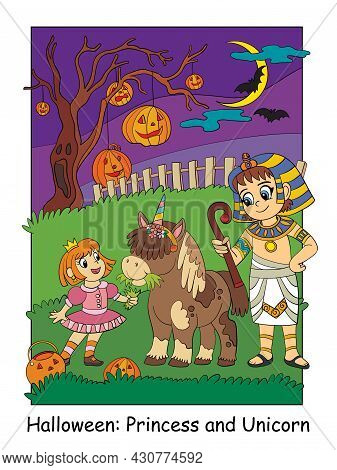 Girl In Costume Of Princess With A Unicorn And An Egyptian. Halloween Concept. Cartoon Vector Illust