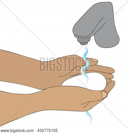 Latinoamerican Washes His Palms With Soap. Colored Vector Illustration. Water Is Pouring From The Ta