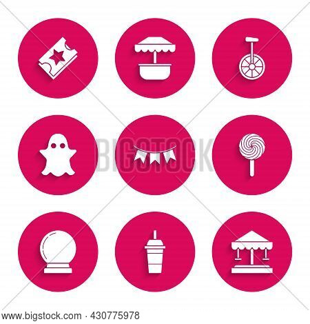 Set Carnival Garland With Flags, Paper Glass Drinking Straw Water, Attraction Carousel, Lollipop, Ma