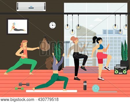 Fitness Gym. Young Women Doing Tae Bo Aerobics, Stretching Exercises, Flat Vector Illustration.