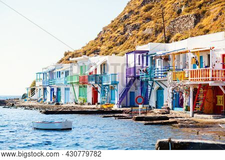 Colorful fishing village of Klima with white houses and colorful doors on Milos Island in Greece