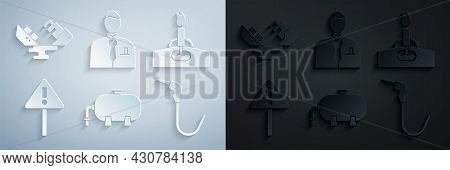 Set Oil Industrial Factory Building, Rig With Fire, Exclamation Mark Triangle, Gasoline Pump Nozzle,