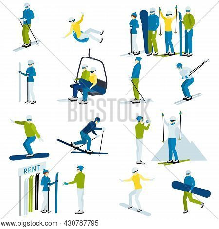 Ski Resort  Icons Set With  People Moving Down From Mountain On Skis And Snowboards Isolated Vector 