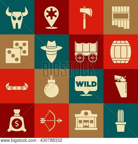 Set Cactus Peyote In Pot, Revolver Gun Holster, Gun Powder Barrel, Tomahawk Axe, Cowboy, Game Dice, 
