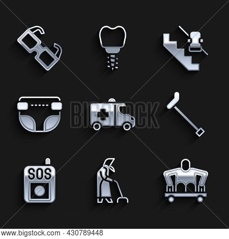Set Emergency Car, Grandmother, Man Without Legs Sitting Wheelchair, Walking Stick Cane, Press Sos B
