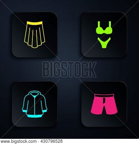 Set Short Or Pants, Skirt, Hoodie And Swimsuit. Black Square Button. Vector