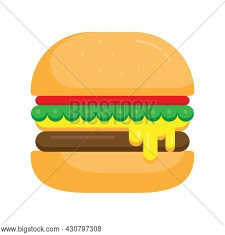 Isolated Tasty Big Hamburger On White Background. Flat Design Cartoon Burger With Cheese And Sesame 