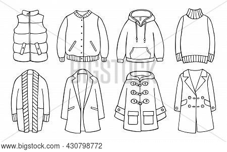 Hand-drawn Set Of Unisex Clothes For Cold Weather, Spring, Autumn, Winter. Doodle Items Isolated On 