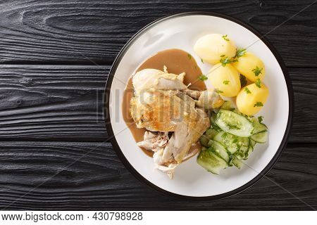 Denmark Food Gammeldags Kylling Fried Old-fashioned Chicken With Boiled Potatoes And Cucumber Salad 