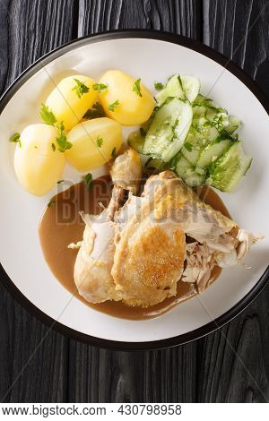 Gammeldags Kylling Translated As Old-fashioned Chicken Served With Potatoes, Cucumber Salad, And The