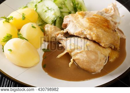 Gammeldags Kylling Traditional Chicken Dish From Denmark With Potatoes, Cucumber Salad, And Sauce Cl