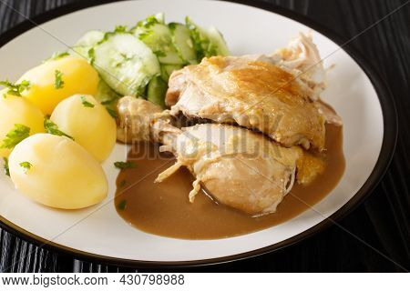 Denmark Food Gammeldags Kylling Fried Old-fashioned Chicken With Boiled Potatoes And Cucumber Salad 