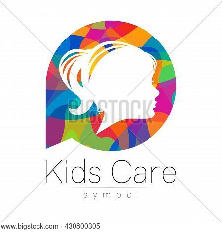 Child Girl Vector Logotype In Rainbowcolor Circle. Silhouette Profile Human Head. Concept Logo For P