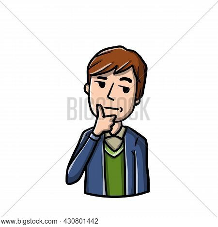 Young Thoughtful Man Holds Hand To Chin. Dreamy And Pensive Guy. Gesture Of Doubt. Complex Issue. So