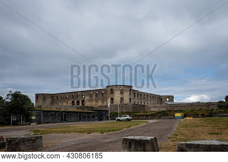 An Old Castle With A Dramatic Sky In The Background. Borgholm Castle Ruins On The Baltic Sea Island 