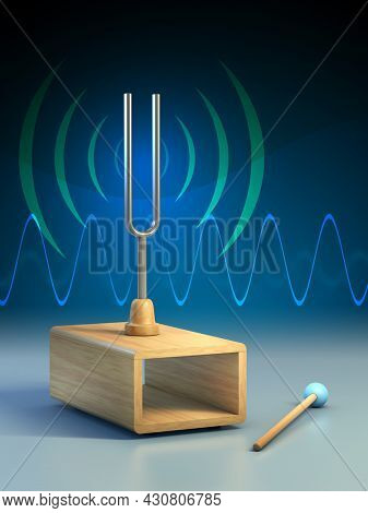 Diapason mounted on a sound box. 3D illustration.